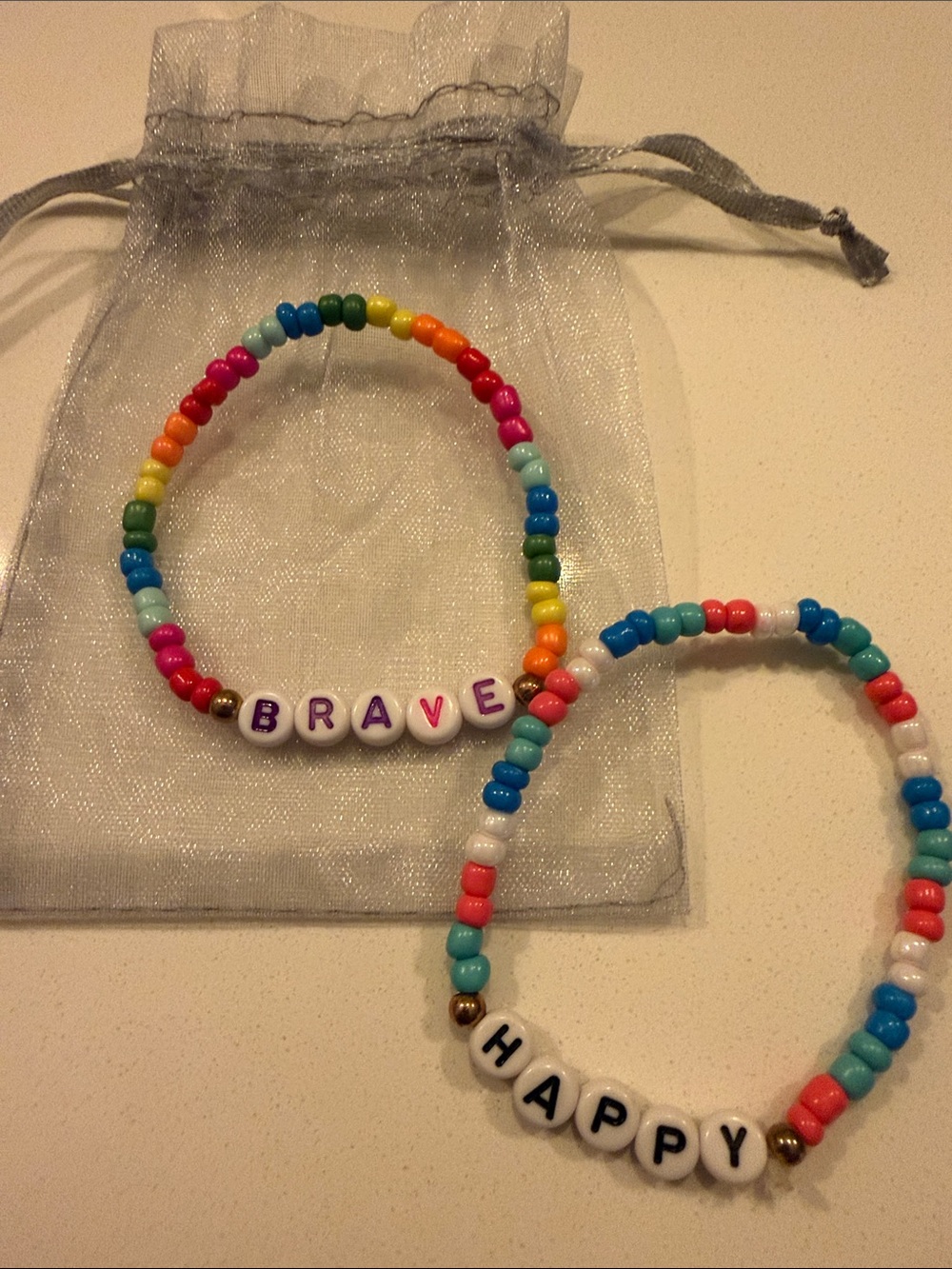 Friendship Bracelet Set: 'Brave' and 'Happy' Stretch Bracelets